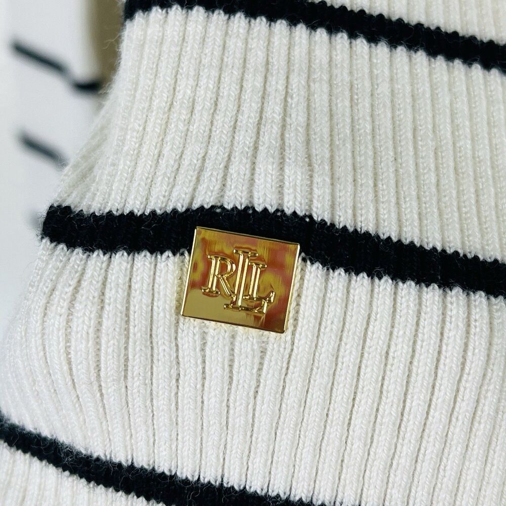 Lauren Ralph Lauren Women’s M Ivory Black Striped Ribbed Turtleneck Sweater - Picture 6 of 12